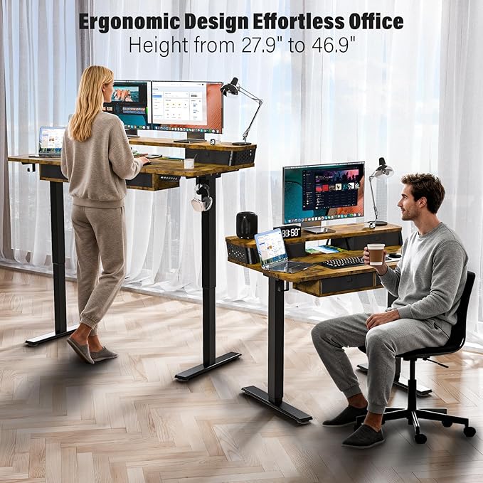 Kingant 40 x 24 Inch Electric Standing Desk with 4 Drawers, Height Adjustable Sit to Stand Computer Desk with Storage Shelf and C-Clamp Mount Compatibility for Home Office, Rustic Brown