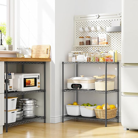 3 Tier Storage Shelves Metal Shelving Unit,Adjustable Wire Rack Pantry Kitchen Shelves,Small Shelf Wire Shelving for Laundry Office Bedroom Dorm Bathroom Closet 24" W x 30" H x 14" D Black Shelves