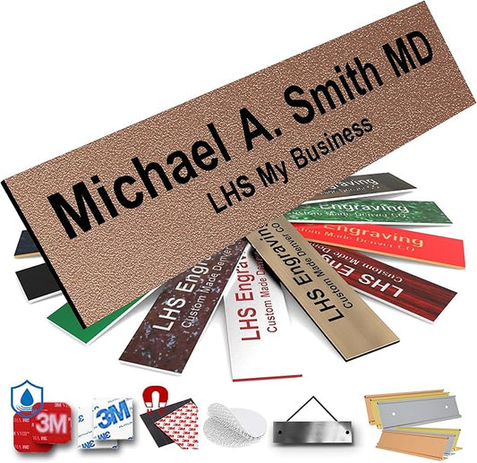 Engraved Name Plates for Door Sign Personalized Textured Copper Plastic Plaque with Black Letters - Made in USA 2x8 M2