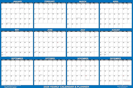32" x 48" SwiftGlimpse 2026 Wall Calendar Erasable Large XL Wet & Dry Erase Laminated 12 Month Annual Yearly Wall Planner, Reversible, Navy