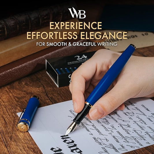 Wordsworth & Black Fountain Pen Set, 18K Gilded Broad Nib, Includes 24 Pack Ink Cartridges, Ink Refill Converter & Gift Box, Gold Finish, Calligraphy, [Imperial Blue], Perfect for Men & Women