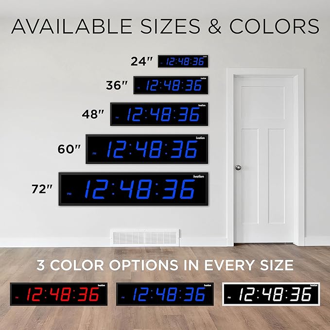 Ivation Oversized 36" Large Digital LED Clock | Big Digital Clock w/Multi-Function Display – Stopwatch, Timer, Alarms, Temp & Date | 6 Brightness Levels, Time Memory & Remote (Blue)