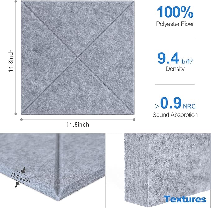 Sonicism 12 Pack X-Lined Acoustic Panels with Self-Adhesive, 12"X 12"X 0.4" Sound Proof Foam Panels, Decorative Soundproof Wall Panels, Sound Absorbing Tile for Home & Offices, Gray