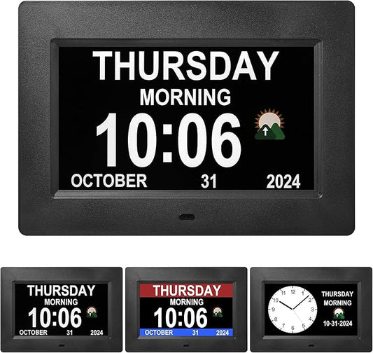 Memwake 7-Inch Digital Watch, Large Font Display, 3 Display Modes, Many Alarms and Medication Alerts for Seniors and Alzheimer Patients (Black) (Black, 7-inch)