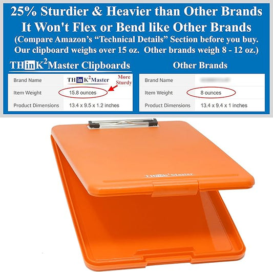 Think2Master Orange Plastic Storage Clipboard. | 25% Heavier & 25% Sturdier| Heavy Duty and Won’t Flex or Bend Like Other Brands (Compare The Weight). Storage Compartment Holds 150 Letter Sized Paper.