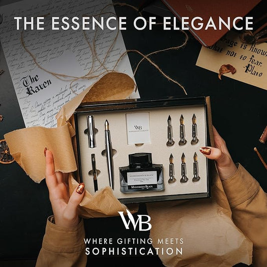 Wordsworth & Black Calligraphy Pen Gift Set, Includes Bottle, 6 Cartridges, 1 Refill Converter, 6 Replacement Nibs, Premium Package, Journaling, Smooth Writing Pens [Silver Chrome]