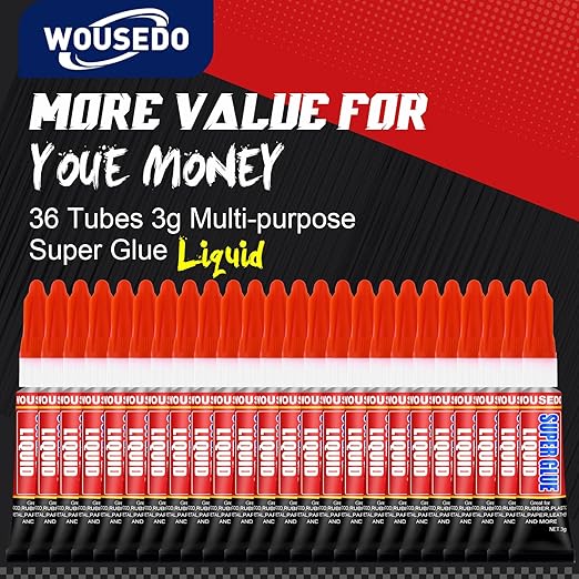 WOUSEDO 36 X 3g Super Glue Liquid, Clear Strong Adhesive,Fast Drying Cyanoacrylate Glue for Wood, Rubber, Leather, Hard Plastic, Metal, DIY Crafts and More