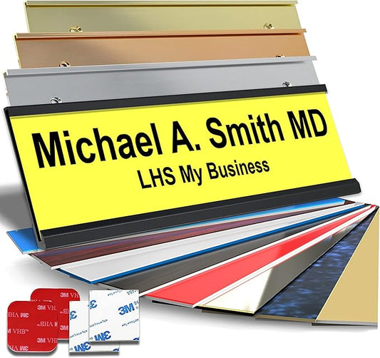 Personalized Name Plate with Choice of Mounting for Walls, Doors, Desk Holders, Cubicles, Hanging and More - Custom Yellow Plastic Black Letters - USA Made 2x8 - B4