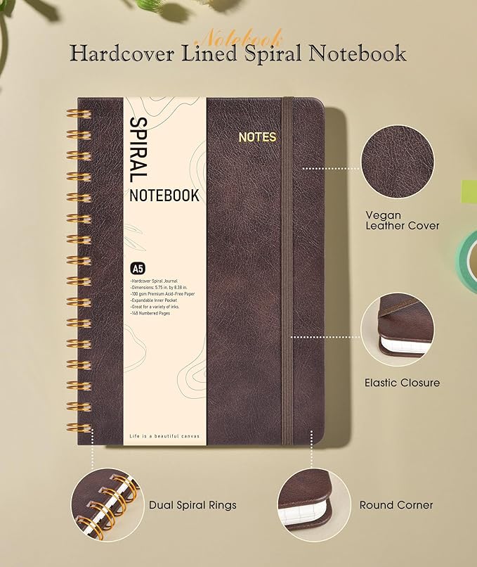 Office Prime Graph Spiral Notebook — A5, 5.75×8.38 in, 150 Pages, Dark Brown