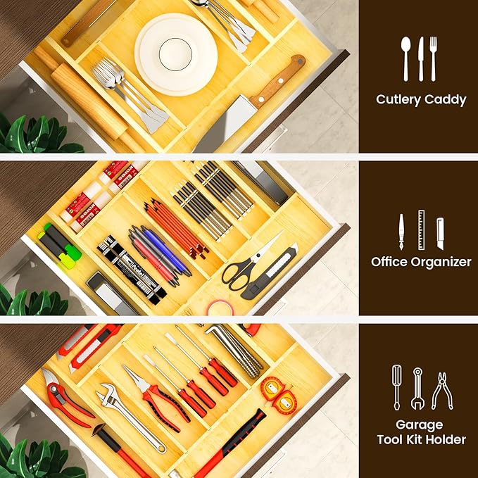 Evjocoh Silverware Drawer Organizer Wood with Adjustable Partition for Kitchen Utensil Cutlery Flatware Cabinet Storage Compartment Tray Insert with Dividers (19.2" W x 19.5" D x 2.5" H)