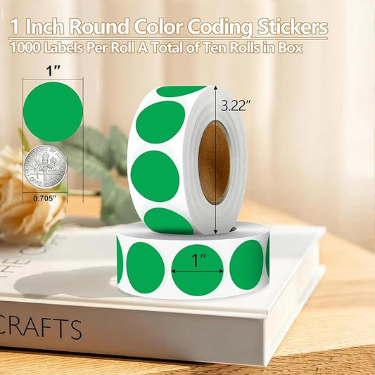 Green 1 Inch Round Color Coding Dot Labels, 10 Rolls 10000 Dot Stickers in Dispenser Box - Permanent Adhesion, Vibrant Colors, Highly Visible