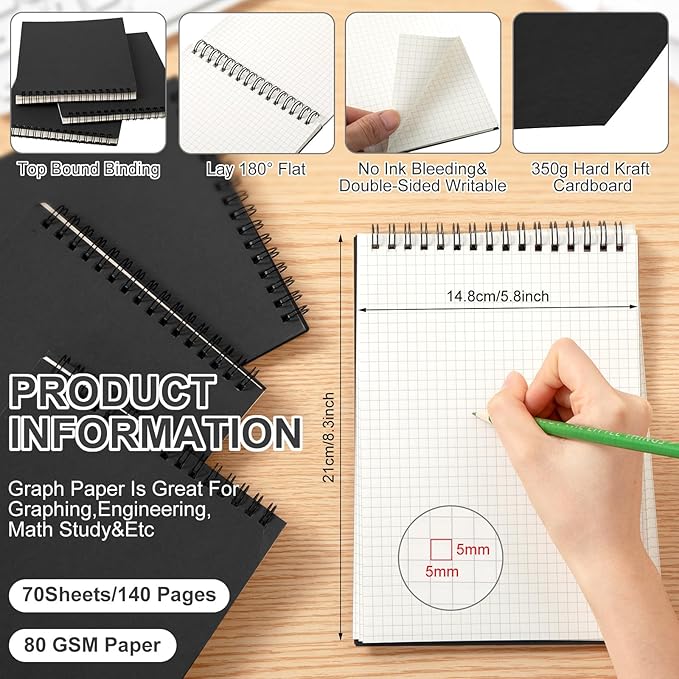 Engrowtic 24 Pack Graph Paper Spiral Notepad A5 Top Wirebound Notepad Grid Notebook Steno Pads Memo Notebook Grid Paper 140 Pages for Writing Sketching Drawing Office Supplies (Black)