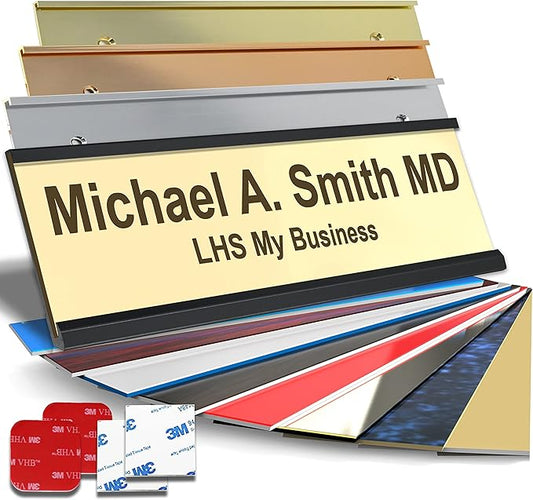 Custom Name Plate with Choice of Mounting for Walls, Doors, Desk Holders, Cubicles, Hanging and More - Personalized Ivory Plastic Brown Letters - USA Made 2x8 - B5