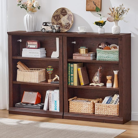 RWYHG 43" Walnut Tall Bookshelf Set of 2,3-Tier Thick Wooden Book Shelf with Adjustable Shelves,Free Standing Farmhouse Bookcase with Open Display Storage,Floor Vintage Bookshelves for Living Room