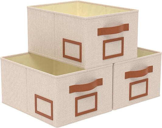 OUTBROS Foldable Storage Box for Shelves, 15.7 x 11.8 x 7.9 inch Fabric Baskets, Wardrobe Organiser with Handles, Suitable for Storing Clothes, Books, Cosmetics (Beige, 3-Pack)