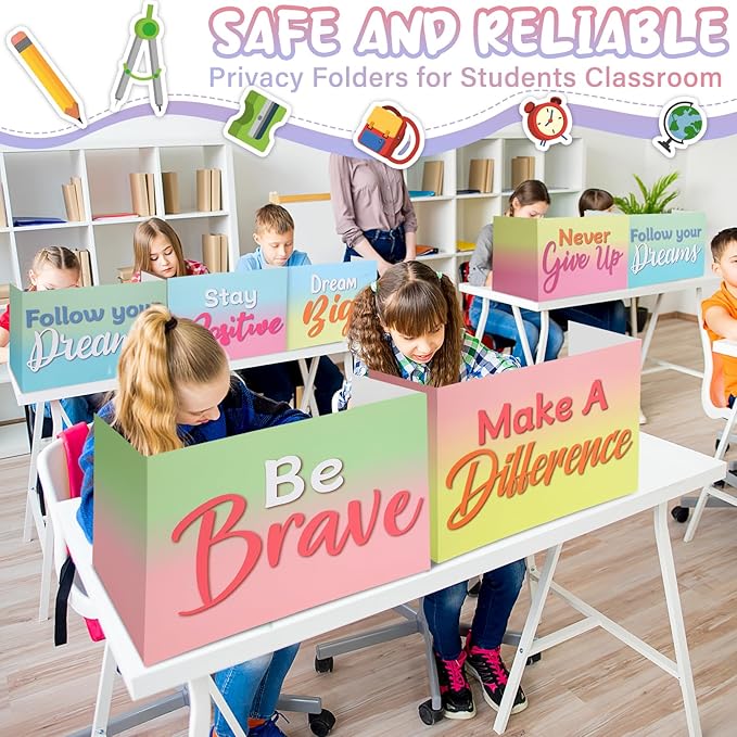 Honoson 24 Pcs Bulk Inspirational Privacy Folders for Students Cardboard Test Privacy Boards Motivational Words Desk Dividers Shield for Classroom School Study Supplies, 6 Styles (Macaron)