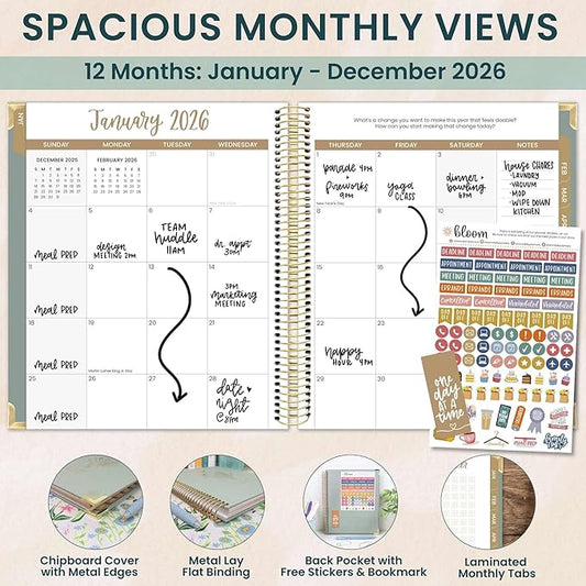 bloom daily planners 2026 Hardcover Calendar Year Goal & Vision Planner (January to December) - Monthly & Weekly Agenda Organizer - 7.5" x 9" - Green Linen