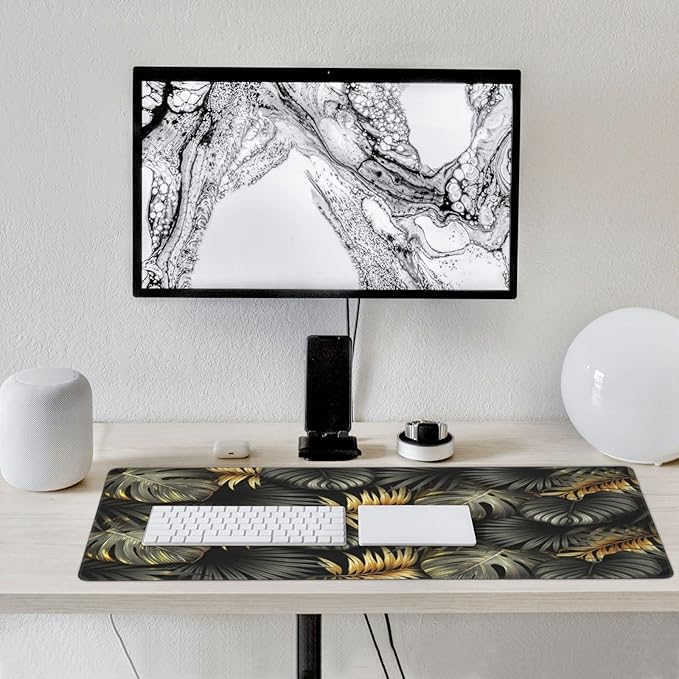 CANFLASHION Gaming Mouse Pad,Large Mouse Pads for Desk,Non-Slip Rubber Base Extended Mousepad,XXL Keyboard Mouse Mat,Stitched Edges Computer Keyboard Desk Pad,35.4x15.8inch,Black Gold Tropical Leaves