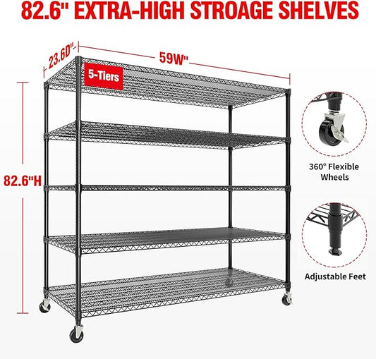 MilleLoom 82" H Storage Shelves with Wheels, 5-Tier Metal Shelving Unit Load 3300LBS Capacity, Adjustable Wire Shelf Rack w/Feets, Heavy Duty Storage Shelving for Garage Pantry Rooms, 59" W X 24" D