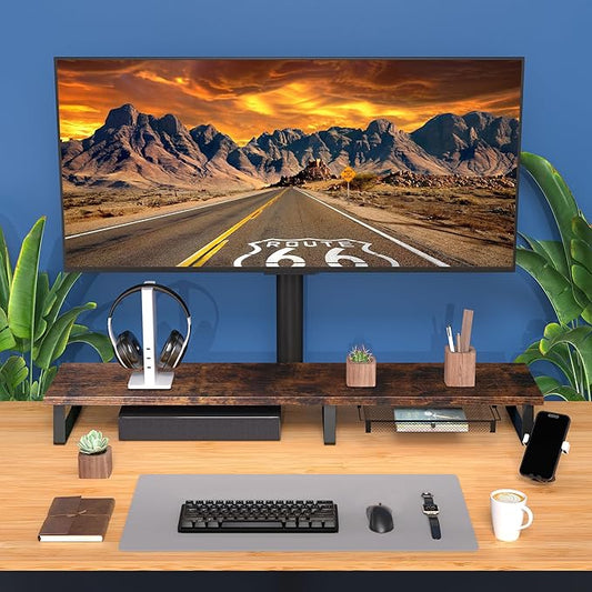 Aothia Dual Monitor Stand Riser with Drawer — Metal Leg Desk Shelf