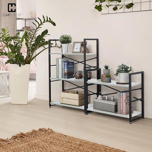 CAPHAUS 2 Tier Small Bookshelf, 24 Inch Width Free Standing Shelf, Bookcase Shelf Storage Organizer, Industrial Book Shelves for Home Office, Living Room, White Shelves & Metal Frame
