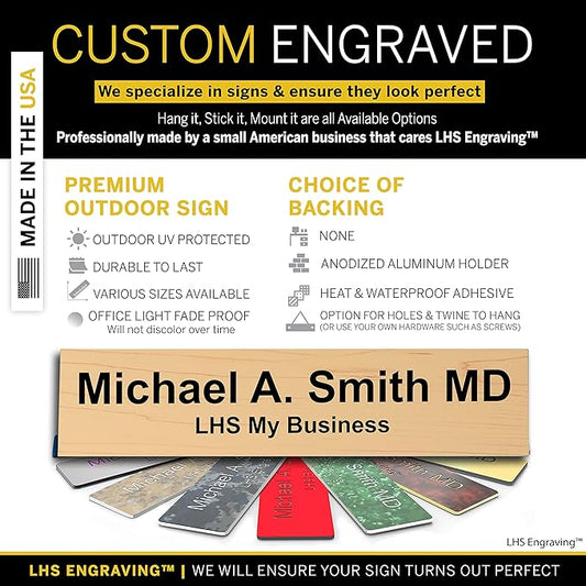 Custom Name Plate with Choice of Mounting for Walls, Doors, Cubicles, Hanging and More - Personalized Cashew Plastic Black Letters - USA Made 2x12 - N6