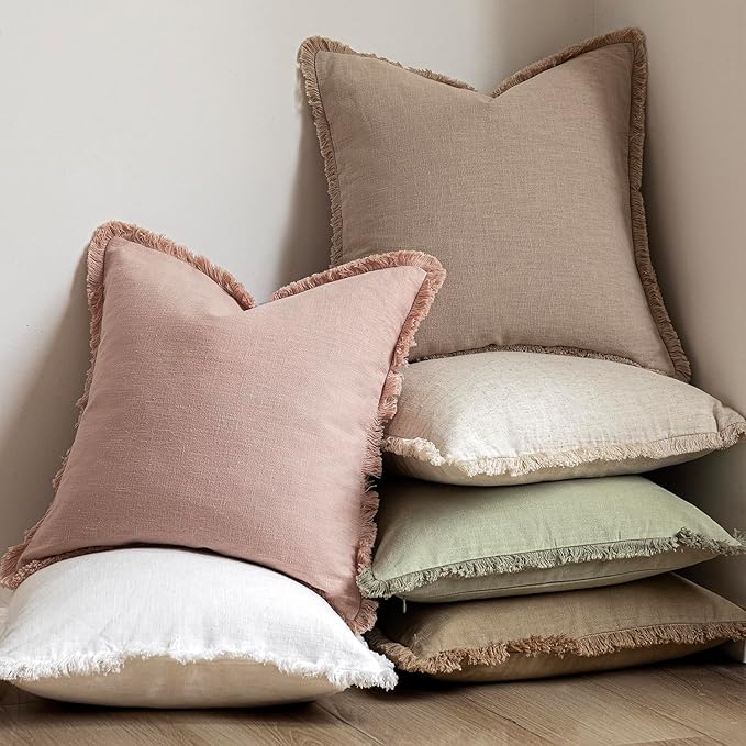 Foindtower Set of 2 Decorative Linen Fringe Throw Pillow Covers Farmhouse Cushion Cover with Tassels Lumbar Accent Pillowcase for Bed Couch Sofa Living Room Home Bedroom Decor,12×24 Inch,Light Pink