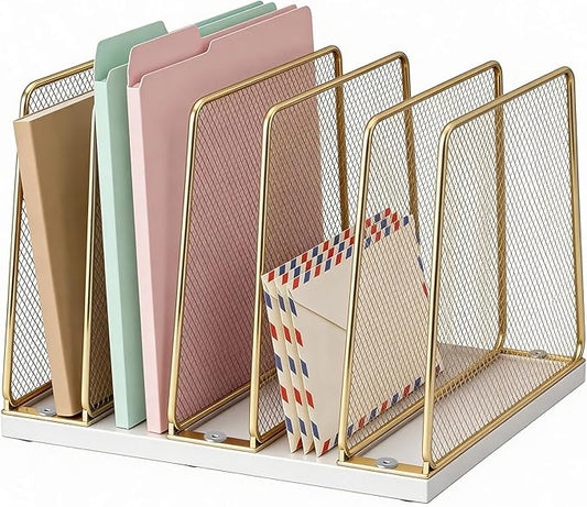 LEKETREE Gold Desk File Organizer, 5-Section Upright File Sorter, Vertical File Folder Holder, Mesh Metal Wood Office Desktop Organization for Document, Magazine, Books and more (White and Gold)