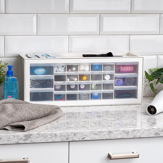 IRIS USA Plastic Drawer Storage Organizer, 26-Drawer Teacher Toolbox Bead Small Parts Organizer Cabinet for Hardware Crafts Nuts Bolts Tools Sticker Home Business Scrapbook Art Hobby Garage - White
