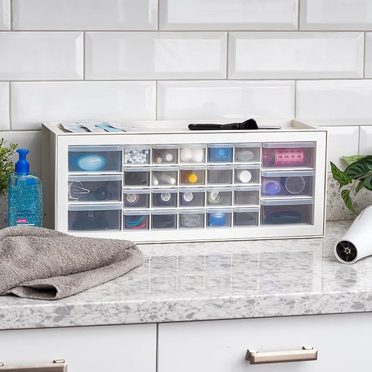 IRIS USA Plastic Drawer Storage Organizer, 26-Drawer Teacher Toolbox Bead Small Parts Organizer Cabinet for Hardware Crafts Nuts Bolts Tools Sticker Home Business Scrapbook Art Hobby Garage - White