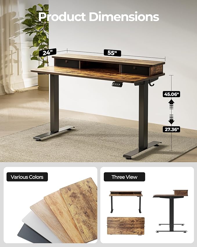 FEZIBO 55'' x 24'' Height Adjustable Electric Standing Desk with Double Drawer, Computer Workstation, Home Office Stand Up Table with 4 Height-Adjustable Feets & 2 Hooks, Vintage Brown