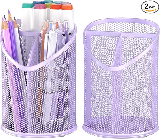 Delifox Mesh Round Pen & Pencil Holder — 2 Pack, Purple