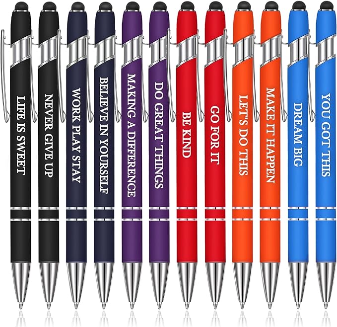 Zonon 12 Pcs Inspirational Pens Bulk Funny Ballpoint Pen with Stylus Tip Motivational Gifts for Valentine's Day Teacher Coworkers Nurse School Office Supplies(Rainbow Colors,Classic Style)