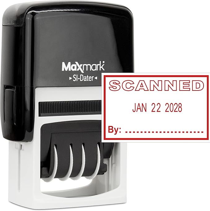 MaxMark Office Self Inking Date Stamp with Phrase Scanned - Red Ink