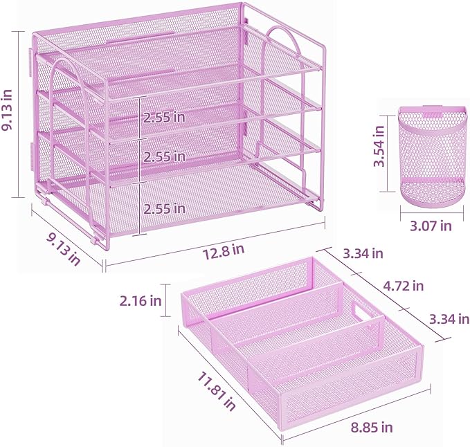 Marbrasse 4-Trays Desk File Organizer with 2 Pen Holder (Purple, Letter)