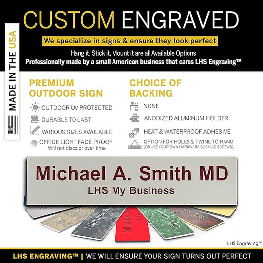 Personalized Name Plate with Choice of Mounting for Walls, Doors, Desk Holders, Cubicles, Hanging and More - Custom Light Gray Plastic Burgundy Letters - USA Made 2x8 - B21