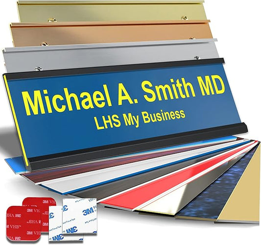 Custom Name Plate with Choice of Mounting for Walls, Doors, Cubicles, Hanging and More - Personalized Blue Plastic Yellow Letters - USA Made 2x12 - B20