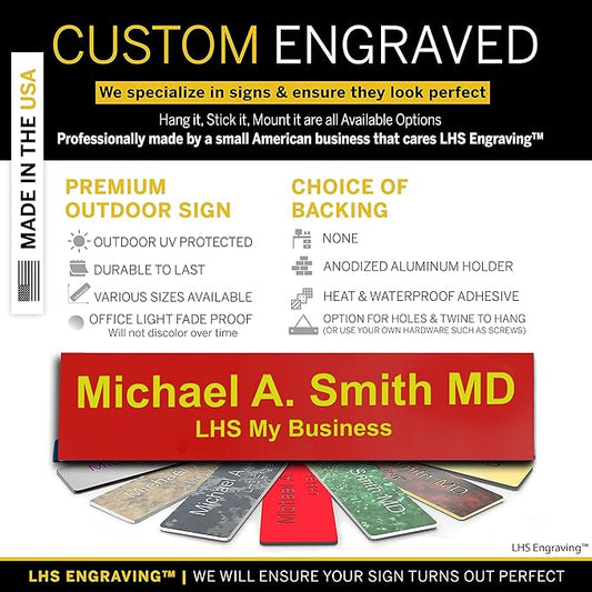 Custom Name Plate with Choice of Mounting for Walls, Doors, Desk Holders, Cubicles, Hanging and More - Personalized Red Plastic Yellow Letters - USA Made 2x8 - B22