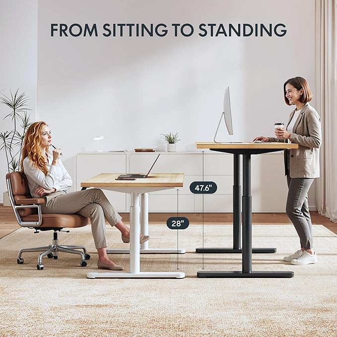 FLEXISPOT Bamboo Electric Standing Desk with Elegant Oval Legs & Curved Desktop, 48"x24" Height Adjustable Desk for Home Office & Living Spaces, White Frame