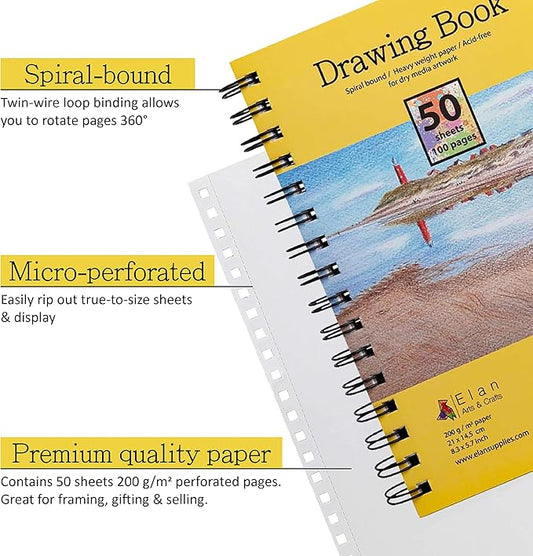 Elan A5 Drawing Book, 50 Sheets Italian Paper 90 lb/200 GSM, Acid-Free Sketch Book 8.3x5.8 Inch, White Drawing Paper Pad, A5 Sketchbook Spiral Bound