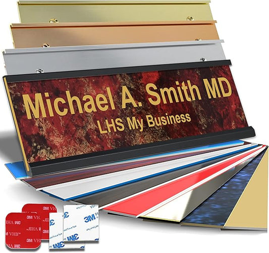 Custom Name Plate with Choice of Mounting for Walls, Doors, Cubicles, Hanging and More - Personalized Rustico Granite Plastic Gold Letters - USA Made 2x10 - S7