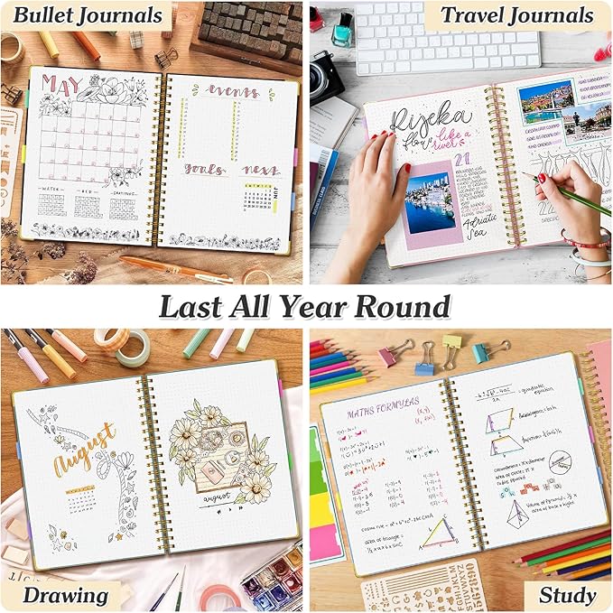 Bullet Dotted Journal Spiral Notebook, 300 Pages Leather Notebooks with Contens, 120 GSM Thick No Bleed Through Paper Journals, A5 Dot Grid Notebook for Women Men School Work Writing, 5.5" x 8", Pink