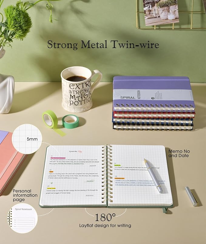 Office Prime Graph Spiral Notebook — A5, 5.75×8.38 in, 150 Pages, Sage Green