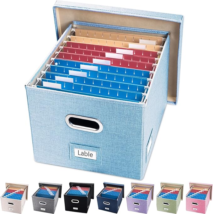 PRANDOM File Organizer Box - Set of 1 Collapsible Decorative Linen Filing Storage Hanging File Folders with Lids Office Cabinet Letter/Legal Blue (17x14x11.2 inch)