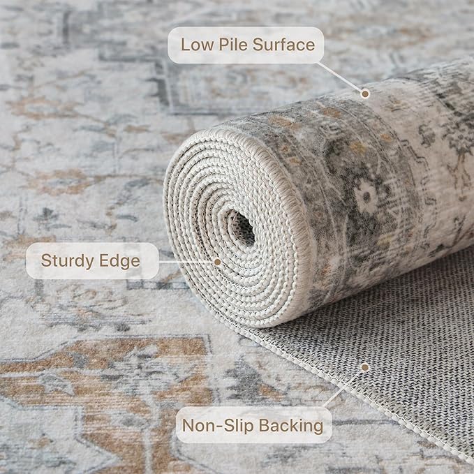 GENIMO Runner Rug 2'6"x7 Machine Washable Non Slip Vintage Hallway Runner Rug, Low Pile Lightweight Rugs for Indoor Entryway, Hallway, Kitchen and Corridor, Light Taupe Brown