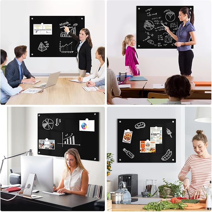 Black Dry Erase Board, 36" x 24" Magnetic Glass Whiteboard for Wall, Black Glass White Board with 1 Marker Tray and 3 Magnets for Office, Home, Classroom