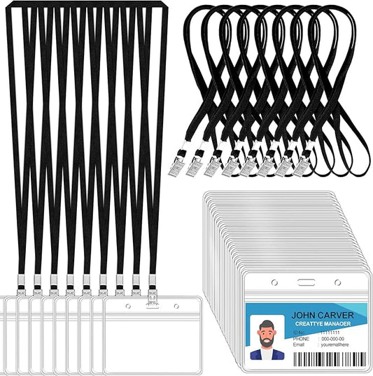 100 Pcs Clear Horizontal Badge Id Card and 100 Pcs Lanyard, Reusable Lanyards for Id Badge Holder Name Tag Badge Holder with Lanyards for Adults Kids Business School Conferences (Black)