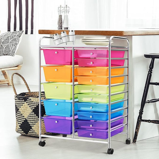 DORTALA 15-Drawer Rolling Storage Cart with Drawers, Rolling Utility Cart w/Removable Drawers & Universal Wheels, Tools Scrapbook Paper Organizer for School, Office, Home, Classroom (Rainbow)