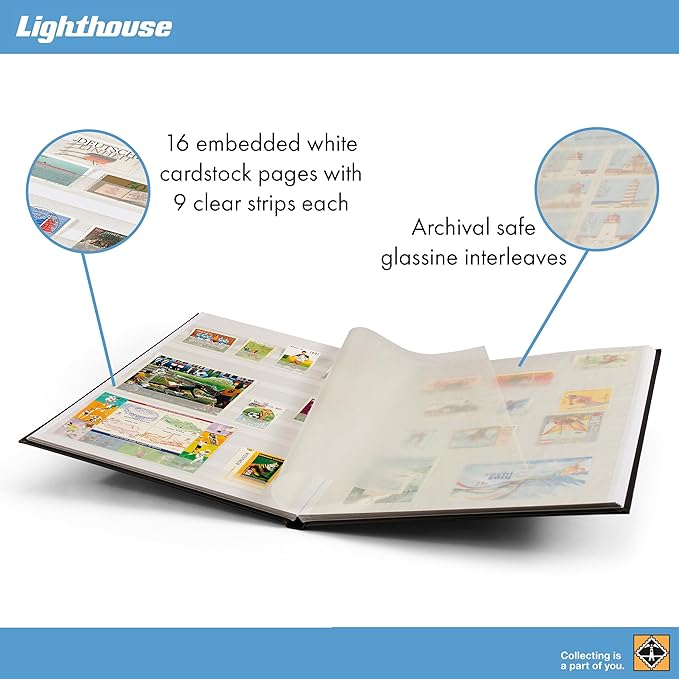 LIGHTHOUSE – “BASIC” Hard Cover Stockbook for Stamps – 16 White Cardstock 9”x12” (A4) Pages with Glassine Strips - Blue