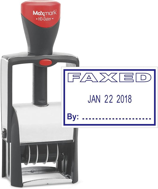 MaxMark Heavy Duty Self Inking Date Stamp with Phrase Faxed - Blue Ink